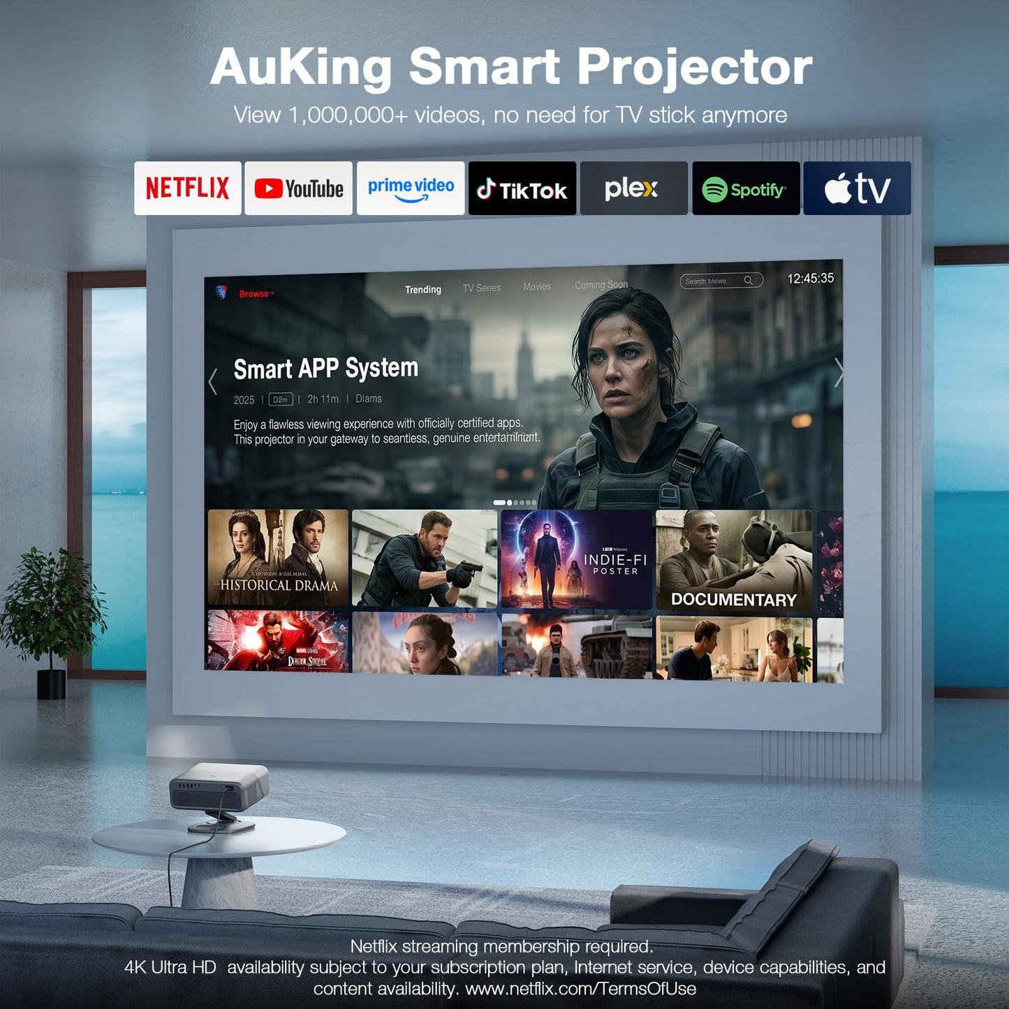 [Now with Netflix & 3000 ANSI] 4K Projector with WiFi and Bluetooth,TOF Real-Time Auto Focus Smart Projector, Upgrade for AuKing Overhead Projectors Theater Proyector with Omni-Adjustable Stand(grey)
