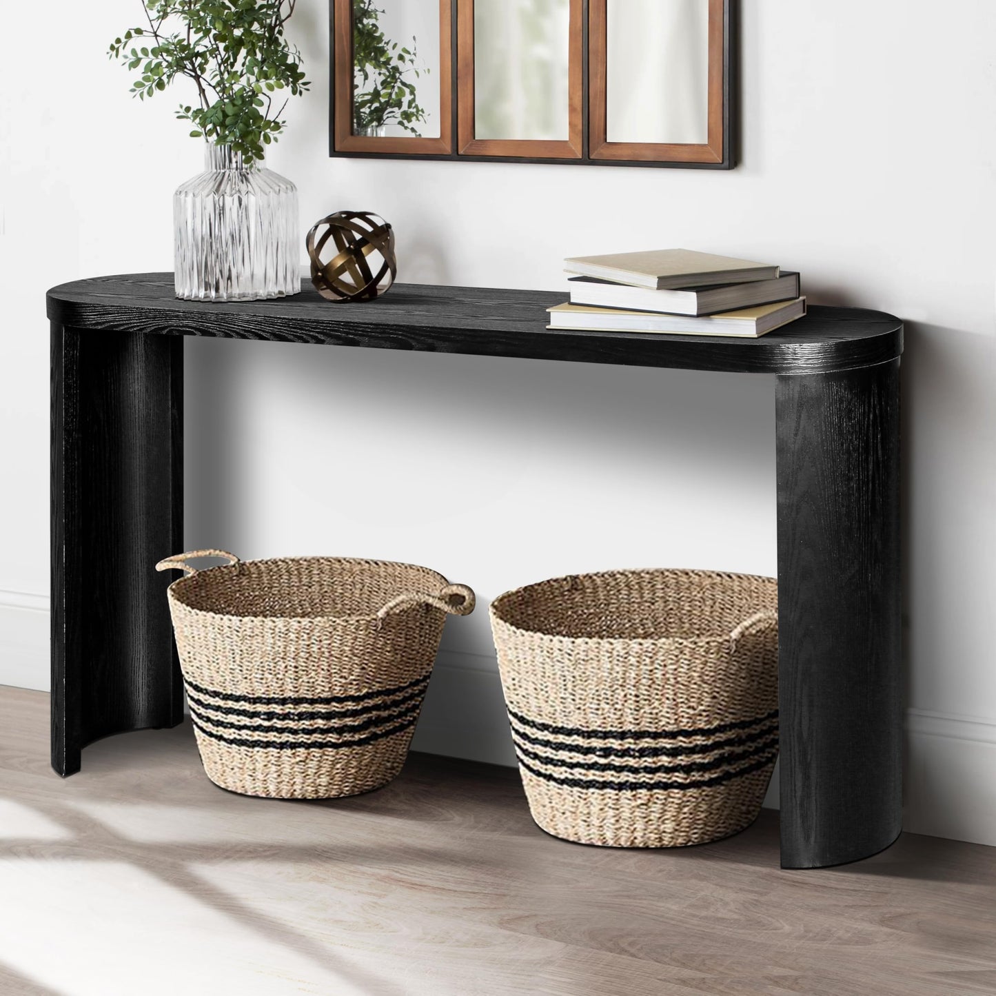 YOPENG Console Table for Entryway, 60" Farmhouse Long Curved Sofa Table Behind Couch, Modern Wooden Entryway Table Foyer Display Table, Narrow Black Tables for Living Room Hallway Entrance Corridor