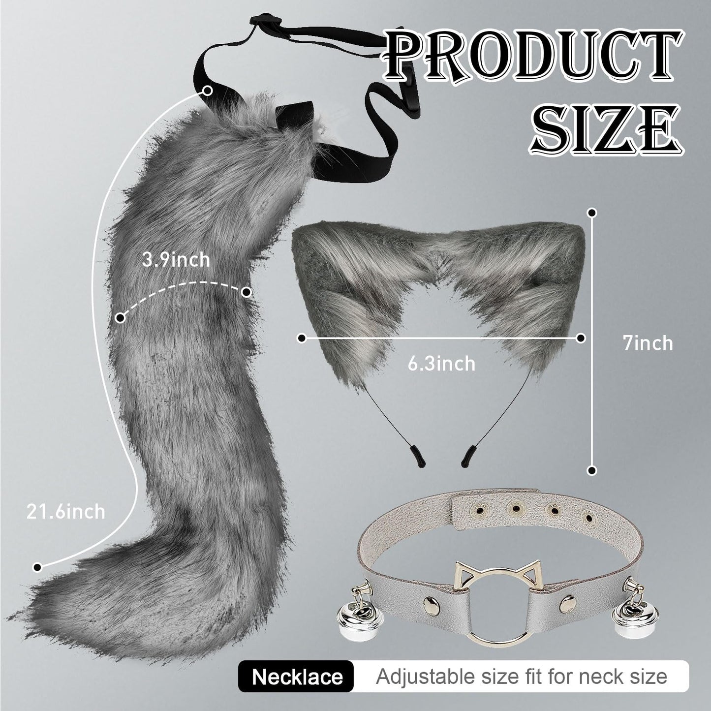 Hyuetrsa 3 Pcs Cat Ears and Wolf Fox Animal Tail Cosplay Costume Grey, Costume Halloween Leather Neck Chocker Set, Animal Cosplay Party Costume
