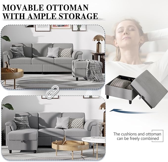 Meilocar Sectional Sofa Couch for Living Room, 79" Sectional Couches with Storage Ottoman, L Shaped Couch with Sloping Armrests Side Storage Pockage, 3-Seat Sofa Couches for Small Space, Light Grey