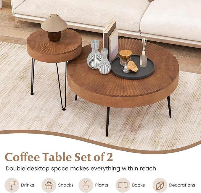 Giantex Boho Round Coffee Table Set of 2, Sofa Side Nesting Table with Solid Pine Wood Top, Metal Legs & Adjustable Foot Pads, 31.5" D Large Table Set for Living Room (Radial Pattern, Brown)