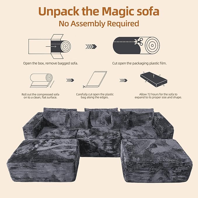 110 Modular Sectional Boneless Sofa with 2 Ottomans, Corduroy U-Shaped Modular Sectional Sofa, Convertible Cloud Couch with Deep Seats, No Assembly Required (Grey, 110" 3Seat+2 0ttoman)