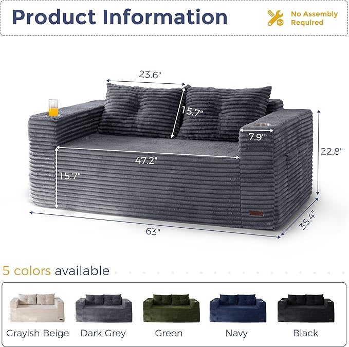 MAXYOYO 63" Boneless Loveseat Sofa Couch for Small Spaces, Mini Love Seat Floor Couch with Cup Holders and Pillows, 2-Seater Upholstered Cloud Couch for Bedroom Apartment, No Assembly Required