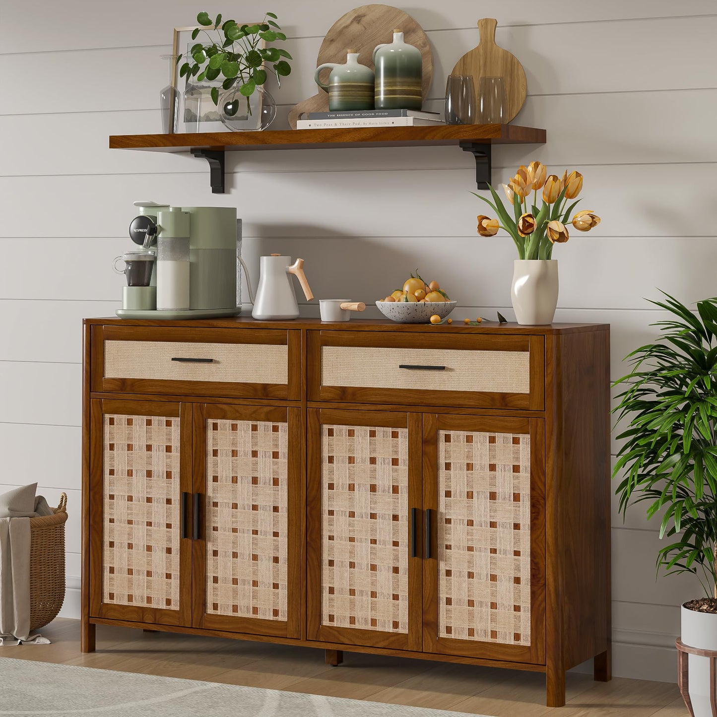 Mxtxmy Farmhouse Sideboard Buffet with Storage, 55' Large Buffet with 4 Doors and 2 Drawers, Wood Coffee Bar, Storage Cabinet for Kitchen, Dining Room, Living Room (Walnut)