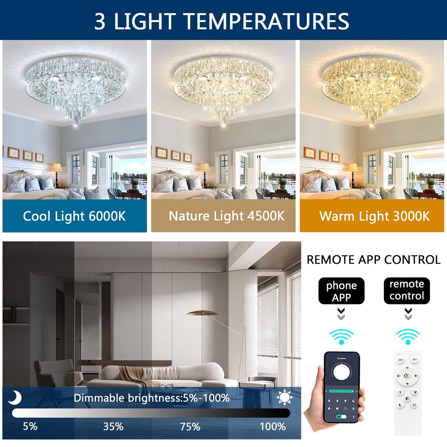 dolria Modern Crystal Chandeliers for Dining Room LED Light Fixture Close to Ceiling Chandelier Flush Mount Ceiling Light Dimmable Lamp with Remote for Living Room Bedroom Hallway 2700K 6000K