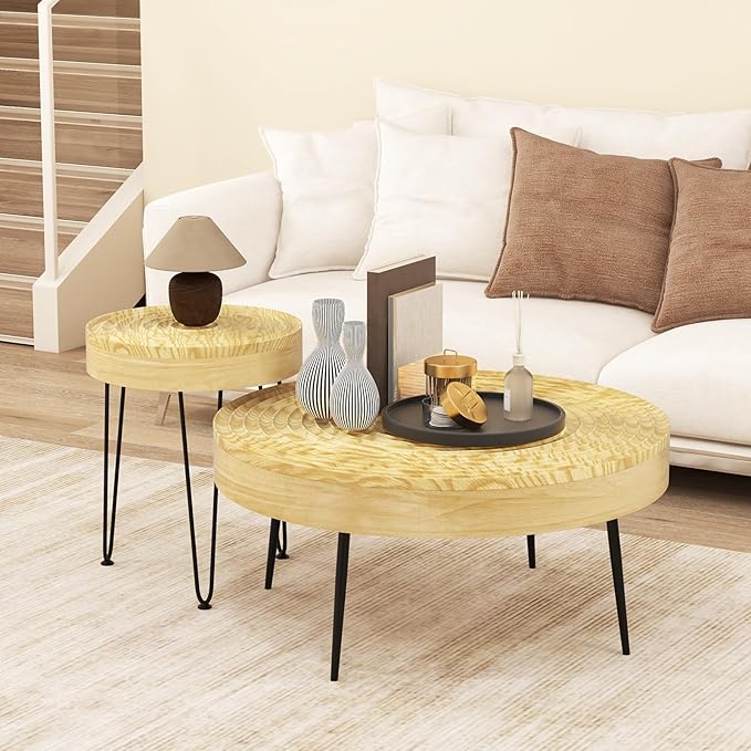 Giantex Boho Round Coffee Table Set of 2, Sofa Side Nesting Table with Solid Pine Wood Top, Metal Legs & Adjustable Foot Pads, 31.5" D Large Table Set for Living Room (Ring Pattern, Natural)