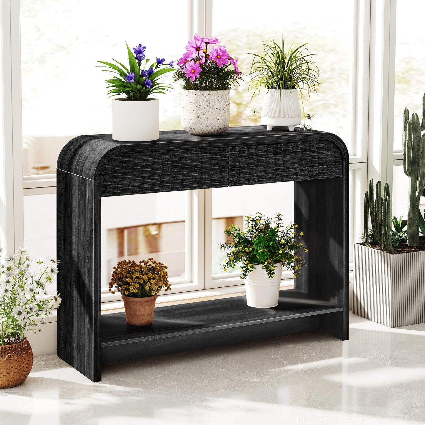 Entryway Table with Storage, Narrow Console Table with Drawers, 43.3'' Couch Table Behind Sofa Long and Skinny with Arc for Living Room TV, Hallway Entrance Foyer, Mid Century Black Carved Rattan