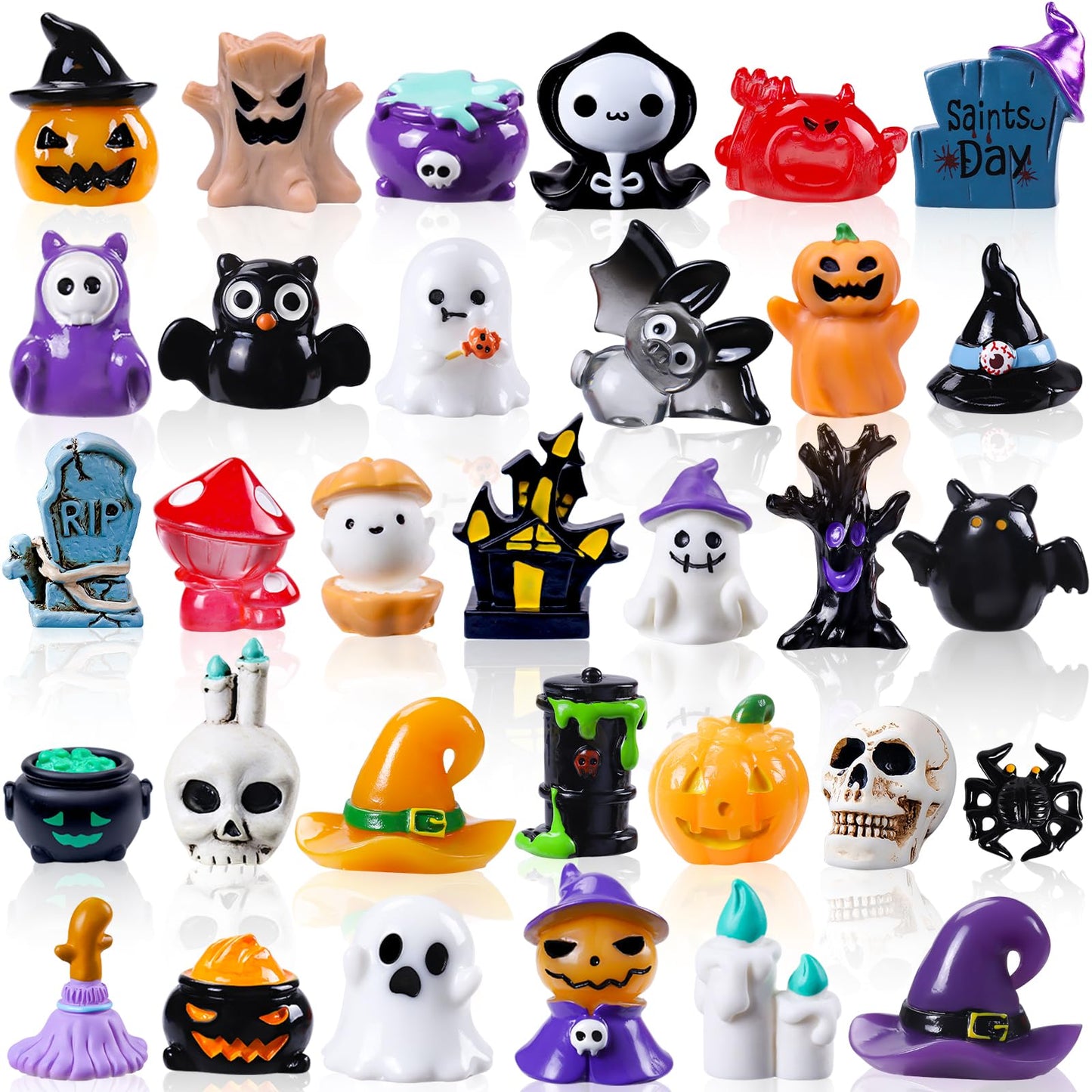 DIYDEC 32pcs Halloween Mini Resin Figures 32 Styles Tiny Resin Animals Little Small Figures to Hide Pumpkin Ghost Skull Miniatures Bulk for Halloween Party Favors Bag Fillers Garden Dollhouse Decor