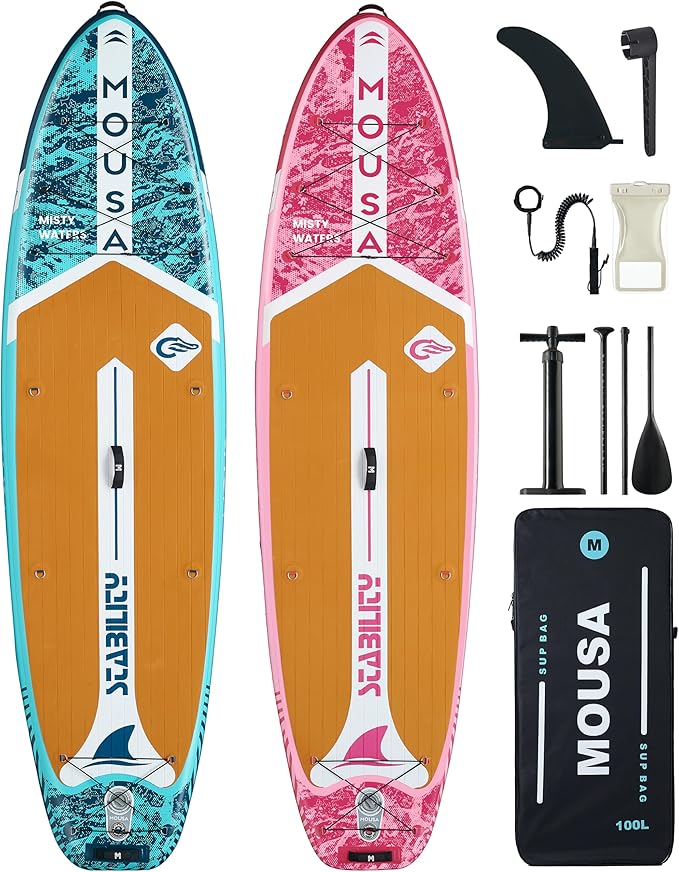MOUSA 11'×35" Inflatable SUP Board Bundle – 2 Colors (Blue & Pink), Stable Paddleboard for 2 People, Full EVA Deck, 100L B...