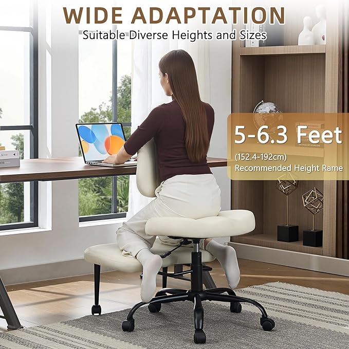 Ergonomic Cross Legged Office Chair, Criss Cross Chair with Wheels, 360°Swivel ADHD Meditation Kneeling Yoga Seat with Adjustable Height, Ergonomic Back Support and Leg Rest, Leather (White)