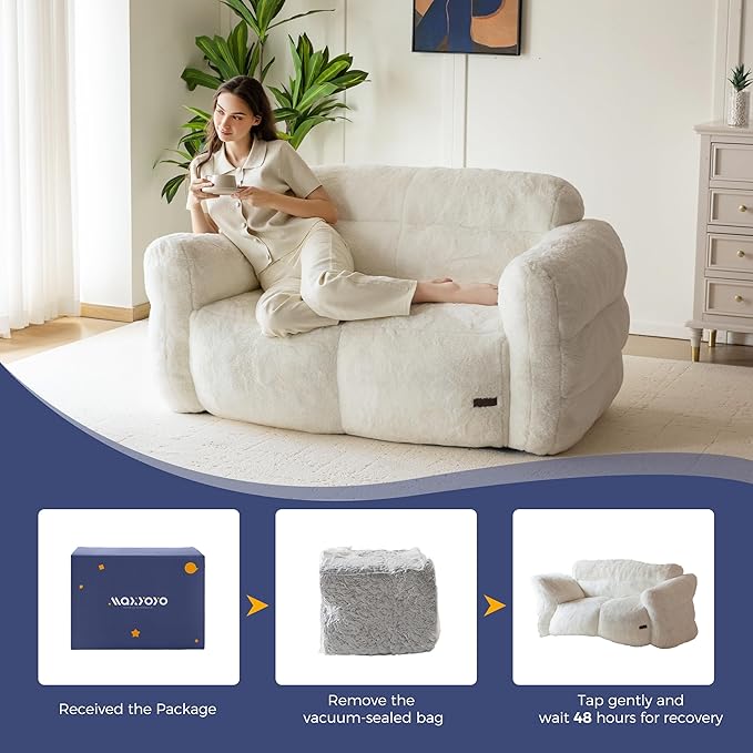 MAXYOYO Giant Bean Bag Chair for Adults, Ultra Soft Fluffy Loveseat Bean Bag Sofa, Oversized Floor Sofa for Living Room Bedroom, Cozy Reading Chair with Filler, Beige