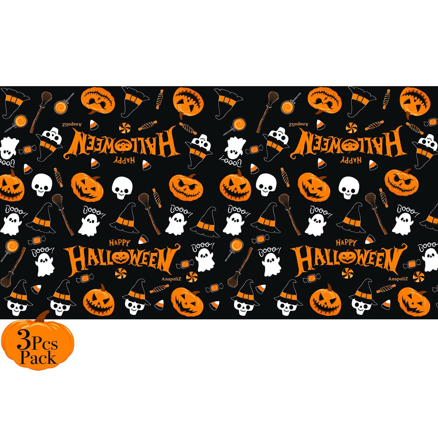 AnapoliZ Halloween Plastic Tablecloth | 3 Pcs Pack (54' x 102') | Rectangular Table Cover | Pumpkin, Witches Decoration | Party Tablecover