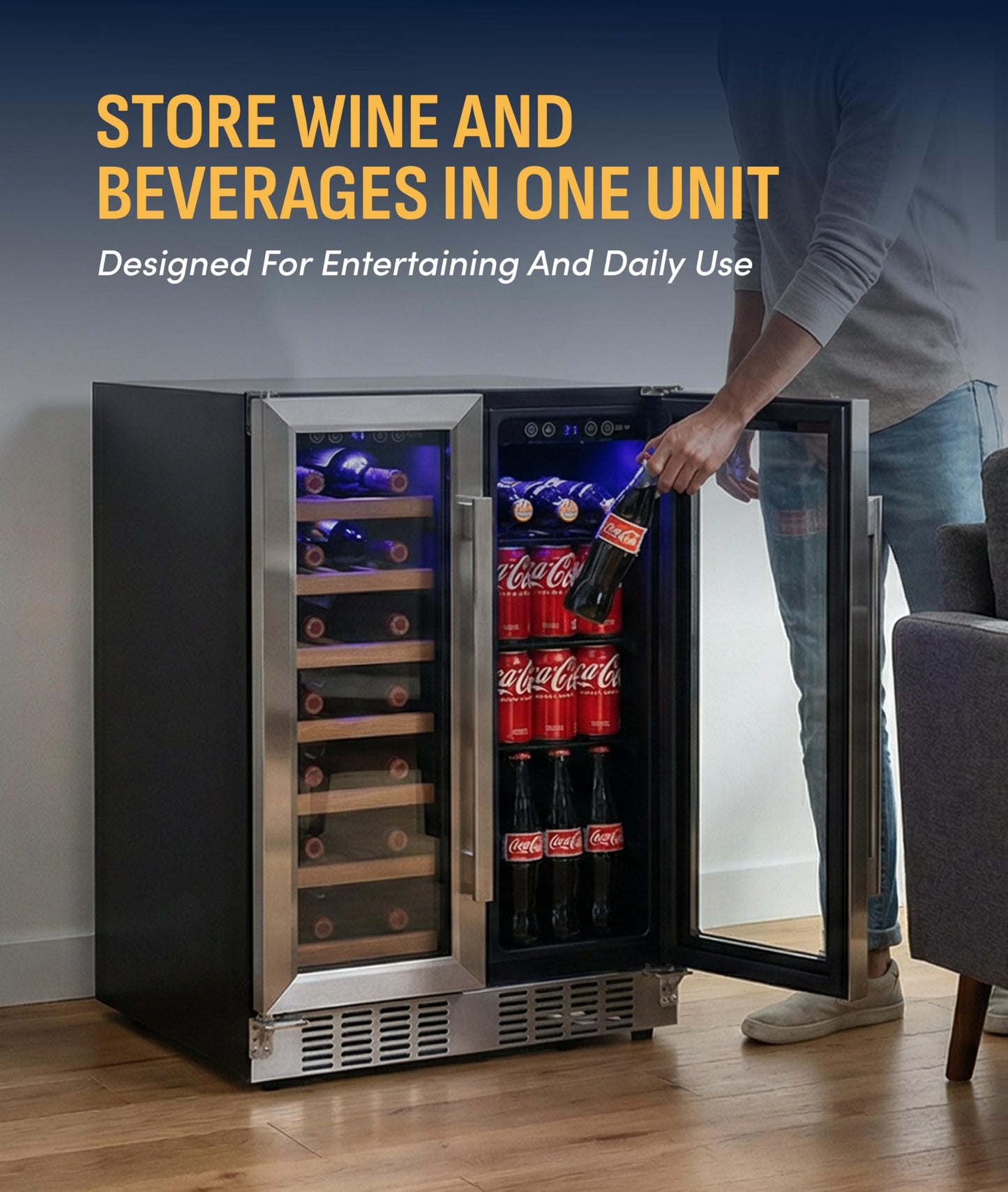 NewAir 24" Dual Zone Beverage Refrigerator & Wine Cooler for 20 Bottles & 78 Cans | Freestanding or Built-In Under Counter Mini Fridge for Beer, Wine and Soda | Stainless Steel