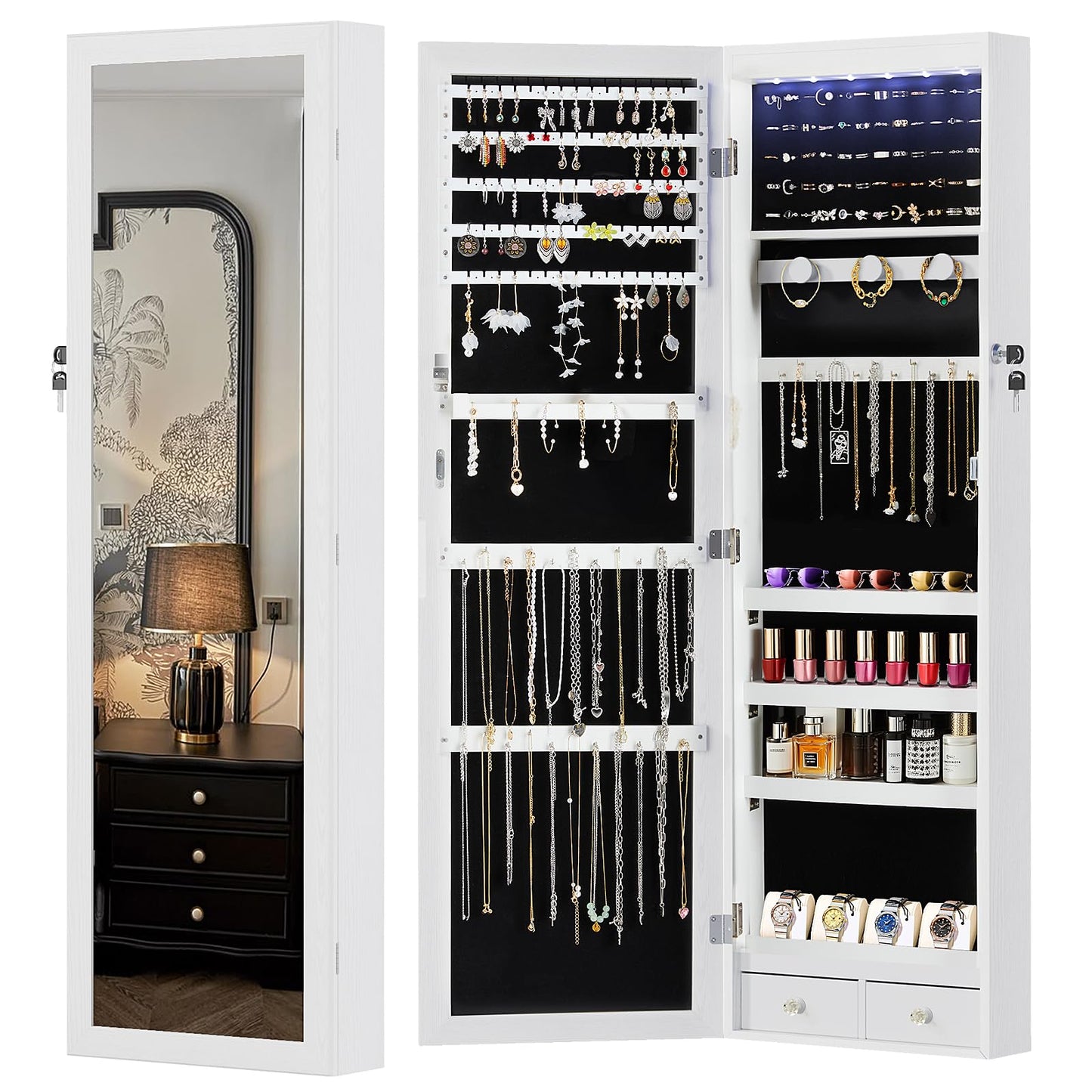 HAPPYMONT Tall Lockable Large Capacity Jewelry Armoire Cabinet with Full Length Mirror, Wall Mounted or Over the Door Jewelry Organizer with 33 Necklace Hooks, Jewelry Armoire with Drawers, White