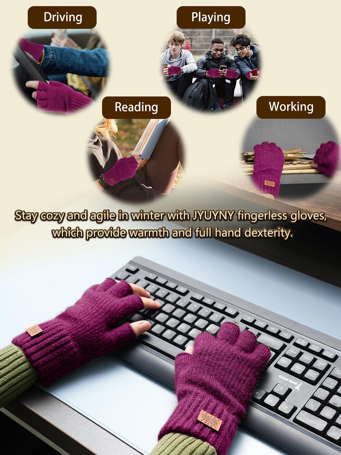 Fingerless Gloves for Women Men, Winter Warm Alpaca Wool Stretch Knit Adult Half Finger Glove for Typing, Driving