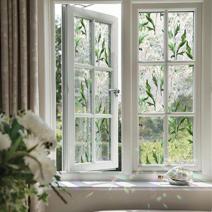 Rainbow Watercolor Green Leaves Window Film, Privacy Iridescent Static Cling Double-Sided Decals for Window Door Glass Decor, Wild Grass, 118.11" x 29.52"