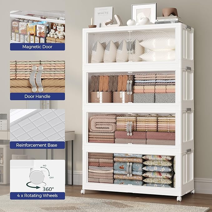 160GAL Plastic Storage Bins with Lid, 640QT Extra Large Stackable Closet Organizers and Storage, Collapsible Storage Boxes with Wheels, Folding Cabinet for Home Kitchen Office, 4Pack White