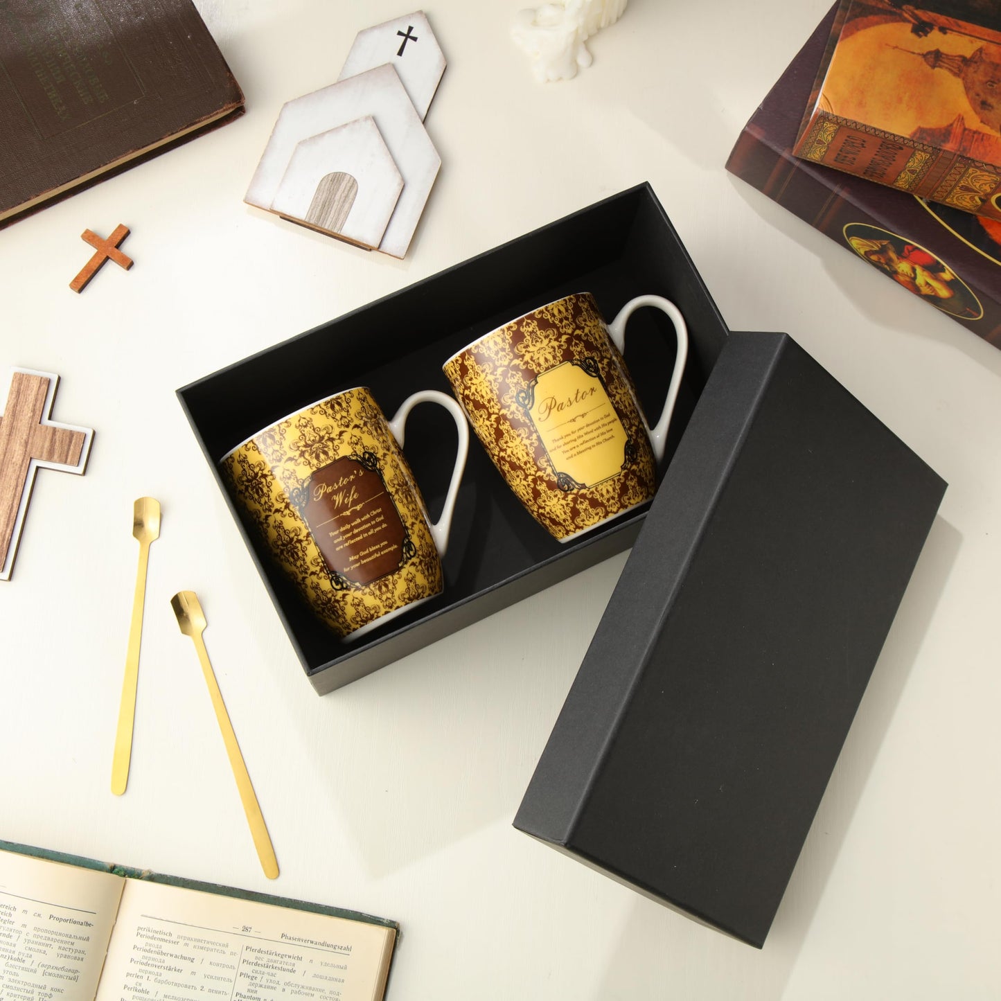 Shellwei 2 Sets Pastor Appreciation Gifts Pastor and Wife Stoneware Coffee Mugs with Gift Box Golden Coffee Spoons Pastor Gifts for Men Women Pastor and Wife Appreciation Gifts for Xmas Christian