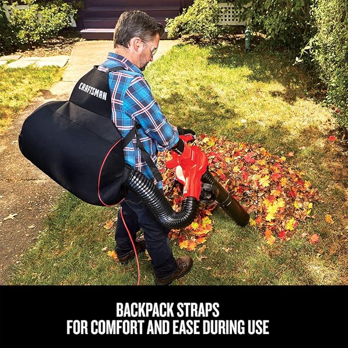CRAFTSMAN 3-in-1 Leaf Blower, Vacuum and Mulcher, Backpack Blower Up to 260 MPH, 12 Amp, Corded Electric Leaf Collector (CMEBL7000)