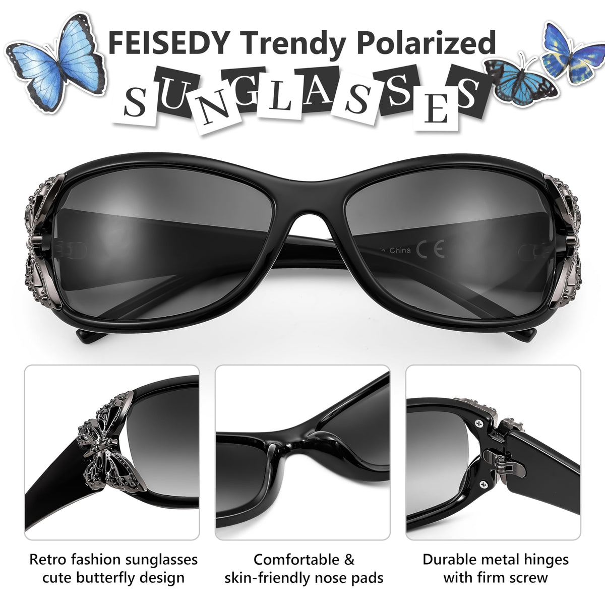 FEISEDY Trendy Polarized Y2K Sunglasses Wrap Around Butterfly Design Fashion Sunnies UV400 Protection B0078
