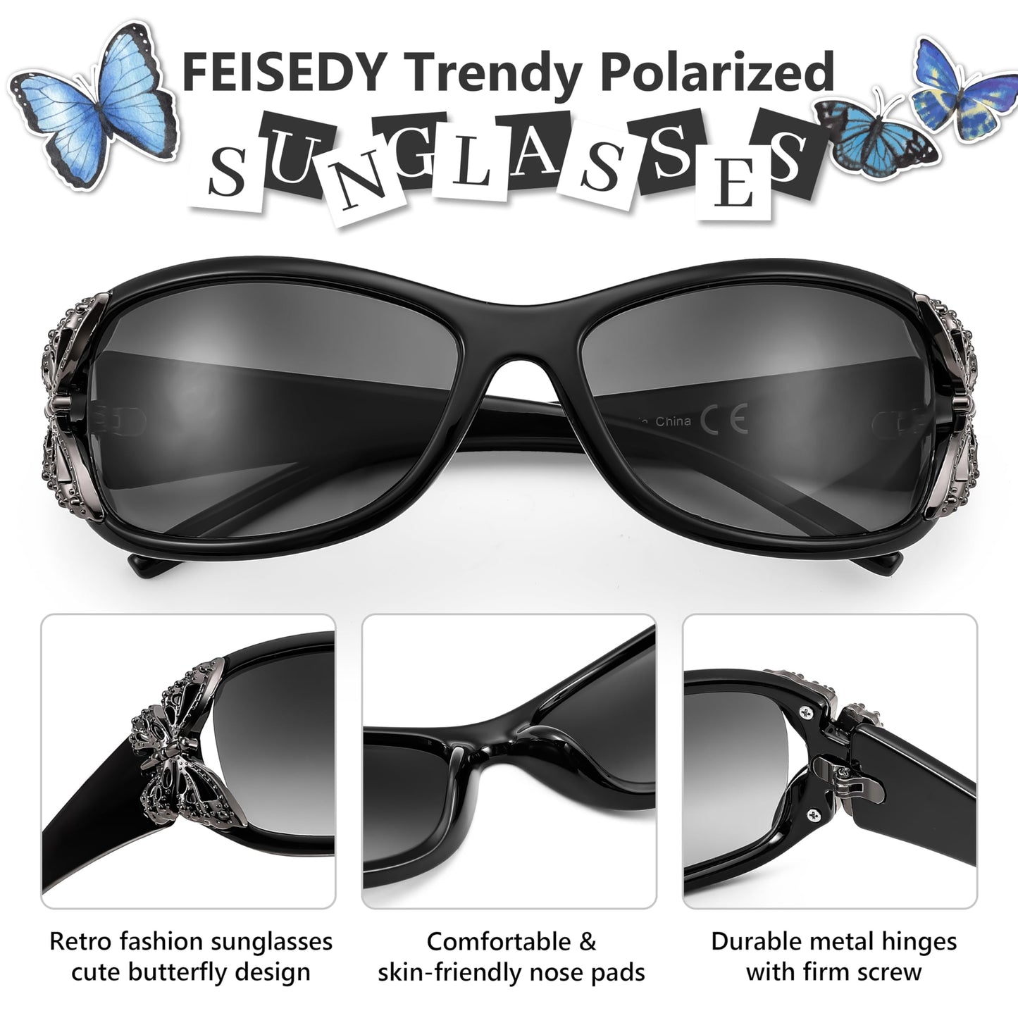 FEISEDY Trendy Polarized Y2K Sunglasses Wrap Around Butterfly Design Fashion Sunnies UV400 Protection B0078