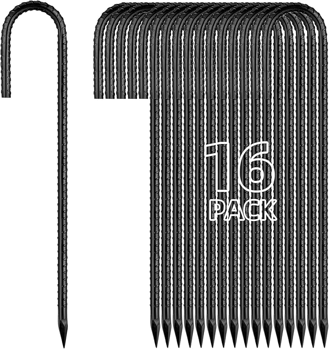 Besitu 12 Inch Rebar Stakes J Hook Ground Stakes 16-Pack Heavy Duty Galvanized Chain Link Fence Stakes Metal Tent Stakes for Outdoor Lawn Decorations Inflatables Canopy Swing Set