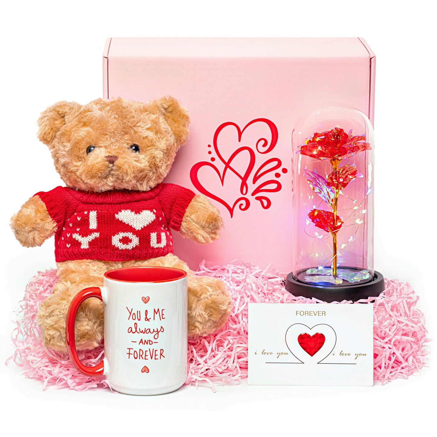 Ultimate Love Box 4 Piece Gift Set - 15oz Ceramic Mug, Soft Teddy Bear, Led Red Rose, Love Card - Romance Girlfriend Boyfriend Wife Husband Mom Dad Anniversary Birthday Valentines Christmas Gift
