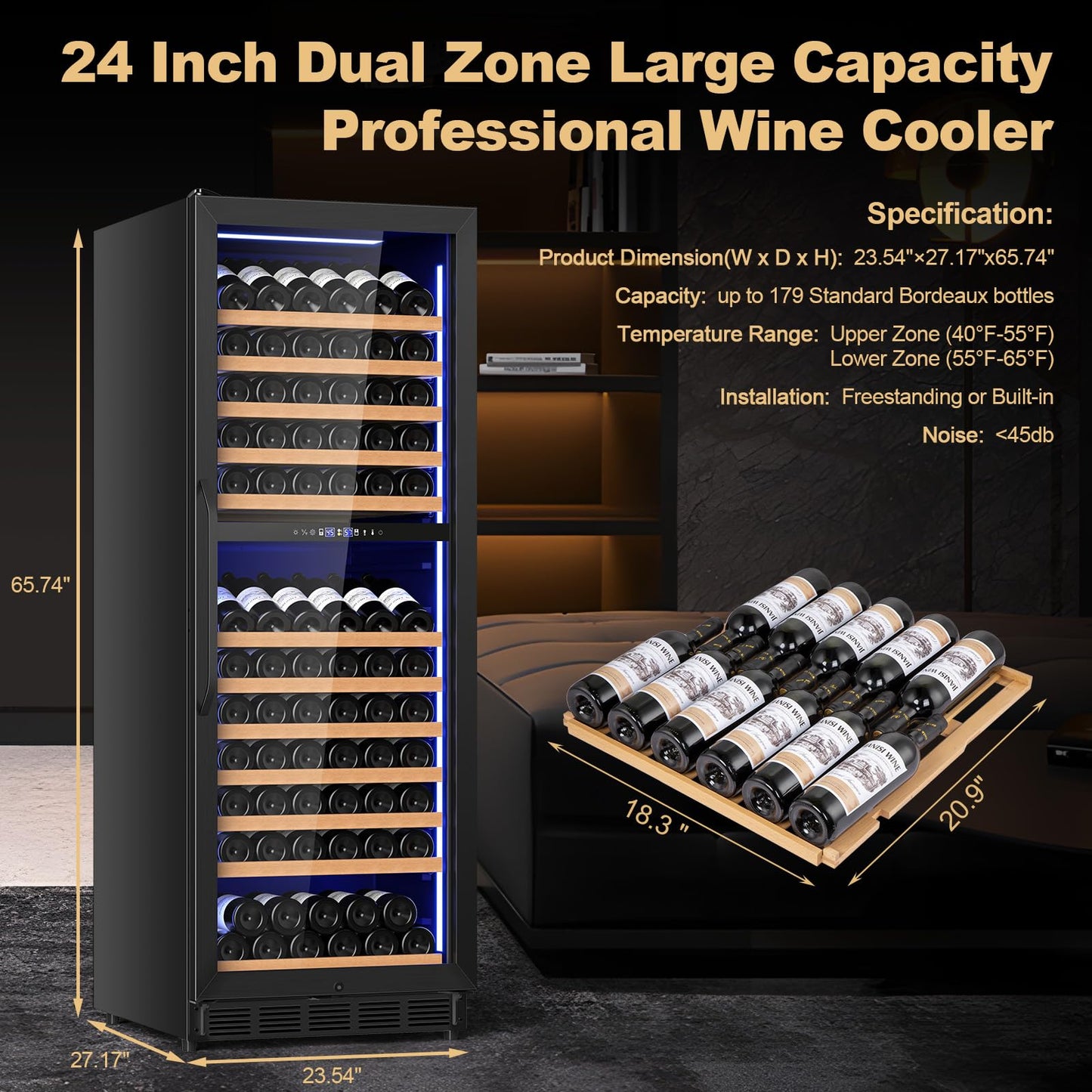 Velieta 24 Inch Dual Zone Wine Cooler Refrigerator, Large Capacity Freestanding/Built-in Upgraded Professional Wine Fridge with Powerful Compressor, Advanced Cooling System, Quiet Operation, Black