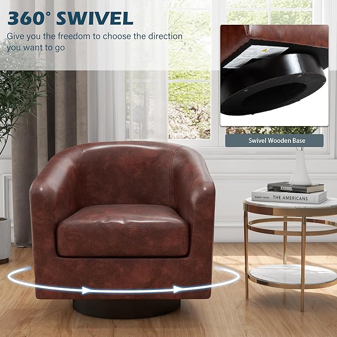 UIXE 360° Swivel Barrel Accent Chair Armchair, PU Leather Round Club Arm Chair for Lving Room, Modern Upholstered Small Bedroom Single Sofa Seat - Red Brown, Set of 2