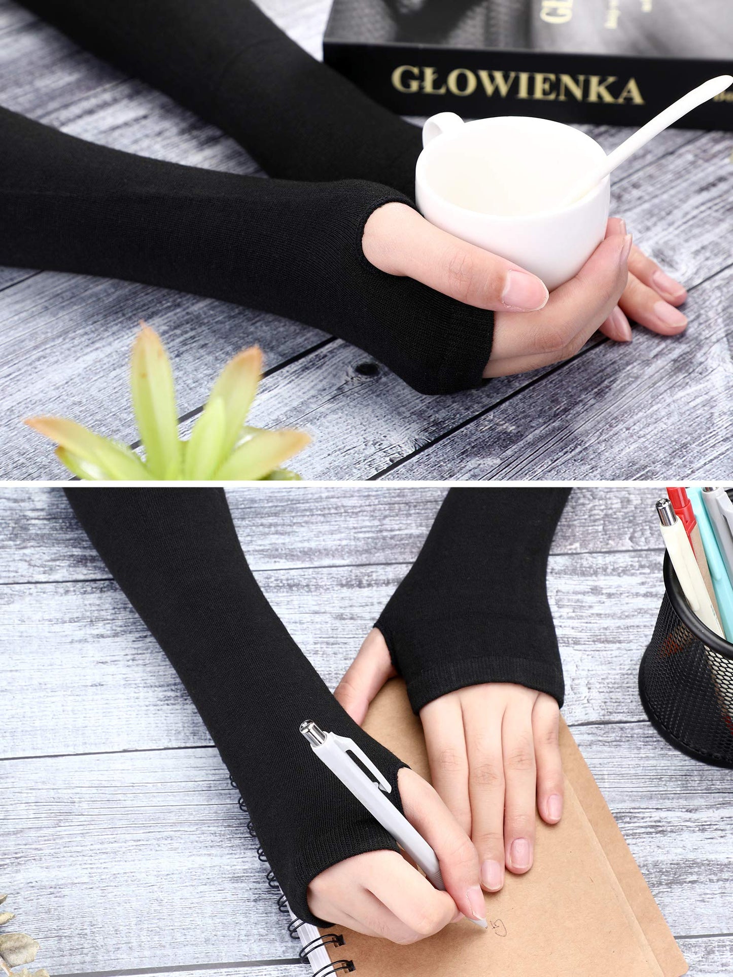 Bememo 4 Pairs Punk Gothic Long Fingerless Gloves Knitted Arm Warmer Elbow Length Thumb Hole Gloves(Black, Coffee, Striped Color)