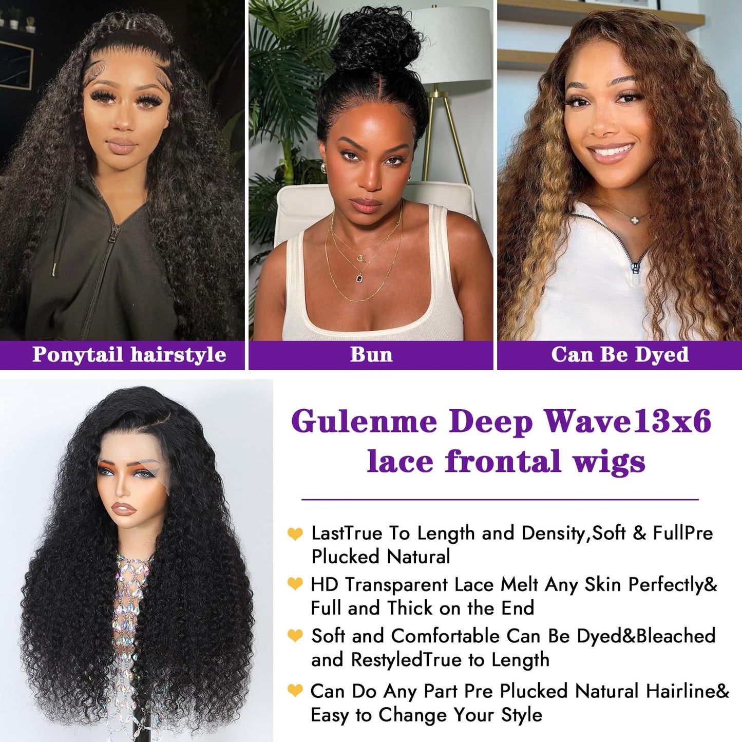 Gulenme 13x6 HD Transparent Deep Wave Lace Front Wigs Human Hair 200 Density for Women Curly Wet and Wavy Lace Frontal Human Hai