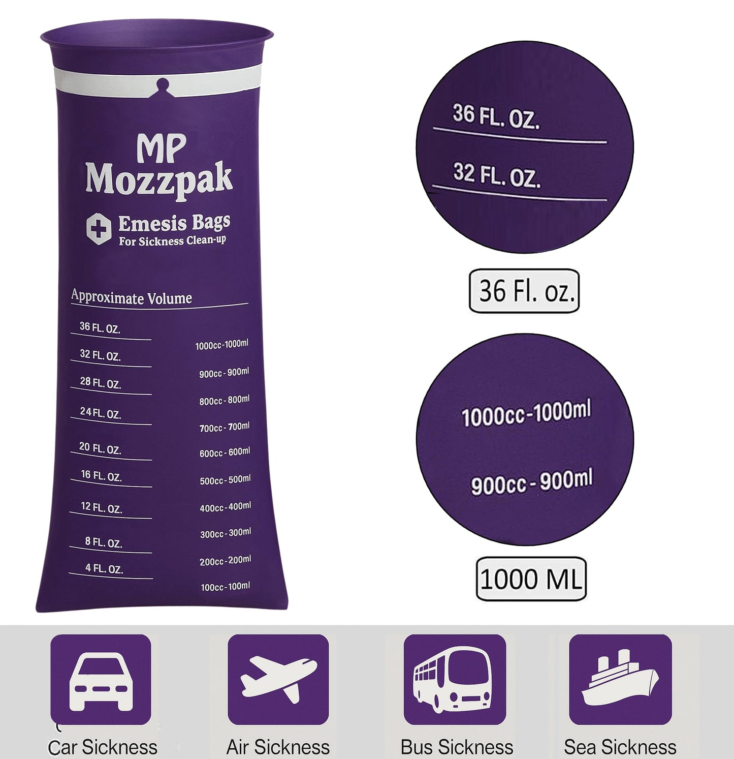 MP MOZZPAK Vomit Bags Disposable 50 Pack - 1000ml Emesis Bags, Leak-Proof Barf Bag, Travel Friendly Puke & Nausea Bag for Motion Sickness, Medical Grade Throw up Relief for Car, AirPlane, & Road Trip