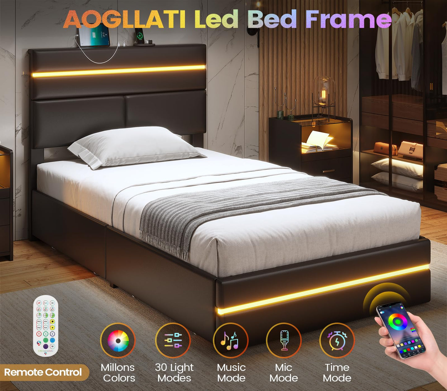 AOGLLATI Twin Bed Frames with 4 Storage Drawers & Headboard, Led Bed Frame Twin with Charging Station, Upholstered Twin Bed with Storage, No Box Spring Needed, Black
