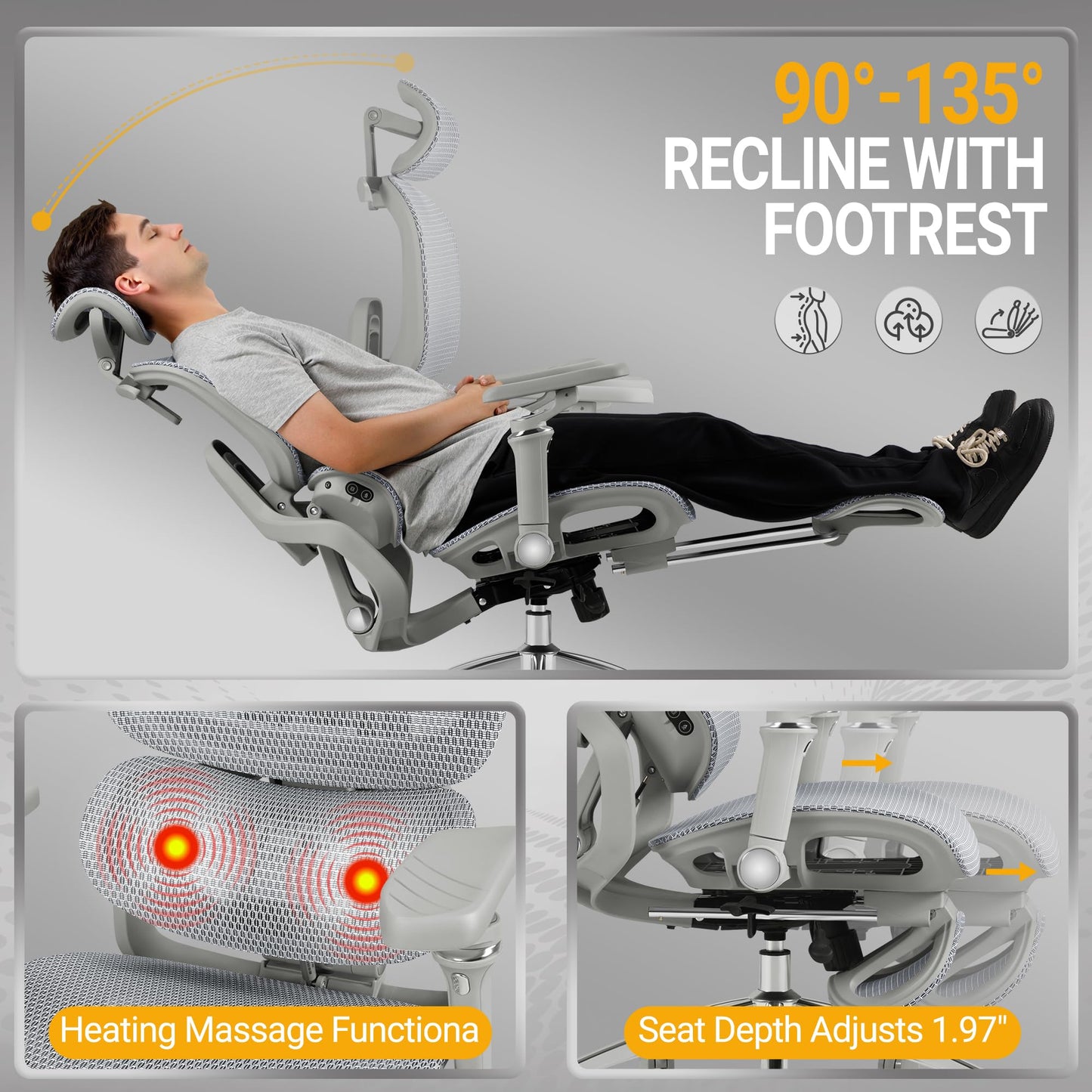 Furmax Ergonomic Office Chair, High Back Executive Chair with Heated Massage Lumbar Support, 6D Armrests, Adjustable Headrest & Footrest, Breathable Full-Mesh Design, Gray