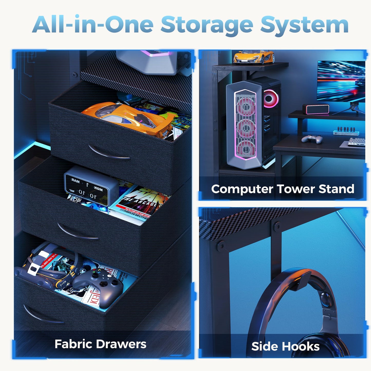 DUMOS L Shaped Gaming Desk with Shelves Storage Drawers 58'', Black Computer Desks with LED Lights Power Outlets, Office Wood Table with PC Stand Cable Management for Bedroom Dual Monitor Streaming