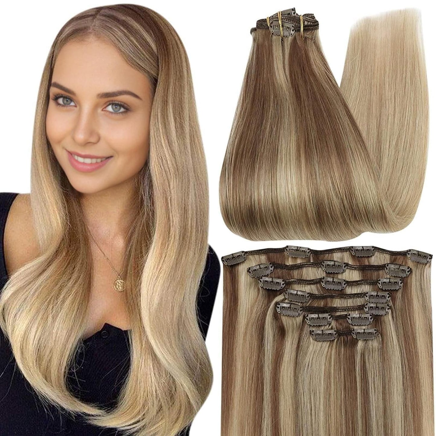 Full Shine Balayage Clip in Hair Extensions 20 Inch Hair Extensions Clip in Human Hair for Women Light Brown to Blonde Highlight
