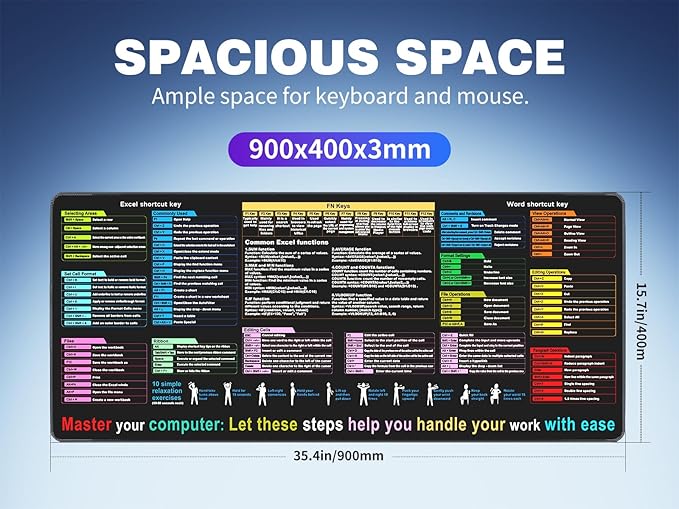 Excel Cheat Sheet Desk pad—Contains 12 Types of Common Skills in Excel and Word|Large XL Size（35.45 * 15.75 inch）|Desk mat for Keyboard and Mouse|Work、Study、Gaming Mouse pad|Waterproof、Anti-Slip