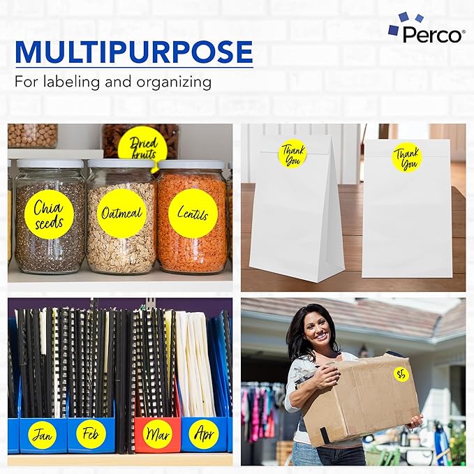 Perco Fluorescent Yellow 3-Inch Round Circle Dot Sticker Labels - Multi-Roll Pack (3 Rolls, 500 Labels Each) - Permanent Adhesive, Vibrant Colors, Strong Hold - Perforated for Easy Use - Made in USA