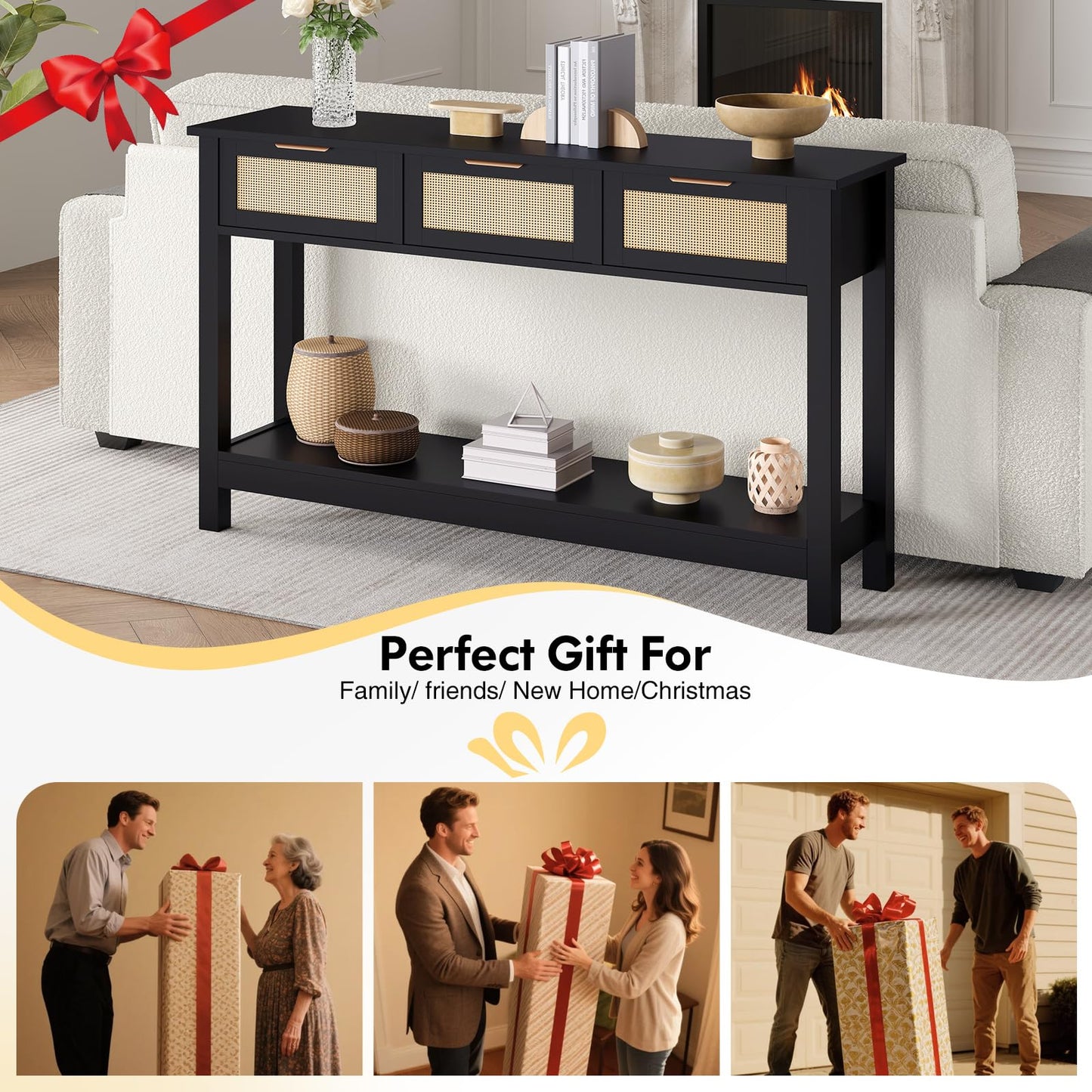 Luoxiao Entryway Console Table with 3 Rattan Drawers - Long Sofa Table Behind Couch Modern Fluted Hallway Living Room Storage Cabinet, Entry Table Open Shelf Foyer Furniture, Anti-Tip, Black, 47 Inch