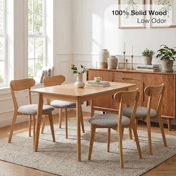 Bamskov 100% Solid Oak Wooden Dining Chairs - Practical Kitchen Chairs with Upholstered Cushion - Wood Chair for Dining Room, Kitchen (1, Natural with Grey Cushion)