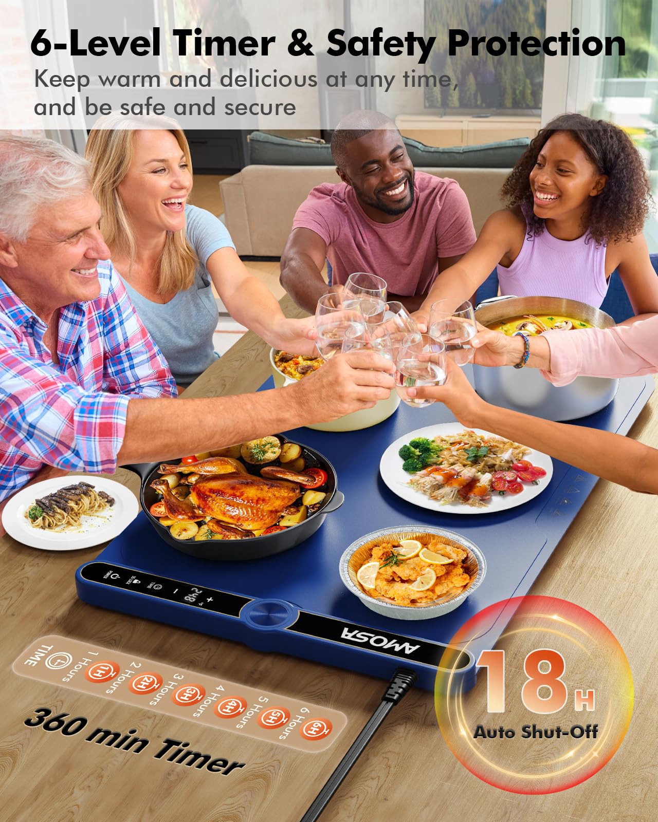 Warming Mat for Food, Fast Heating Electric Food Warmers with 9 Level Temperature and 6 Hours Timer, Large Roll Up Silicone Food Heating Mat, Portable Warming Trays for Buffets Party (Blue)