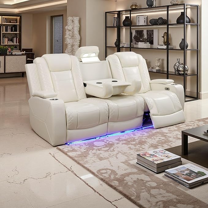 Toseslo Leather Reclining Sofa Set, Power Recliner Sofa Sectional Couches with Drop-Down Table, Living Room Furniture, Reclining Sofa with Cup Holders/Storage Console for House(Creamy White)