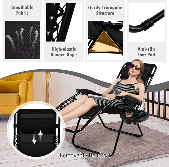 Tangkula Set of 2 Zero Gravity Chair, Folding Patio Lounge Chair Adjustable Outdoor Recliner with Cup Holder, Wide Armrest for Patio Garden Poolside Outdoor Yard Beach, Support 350 lbs (2, Black)