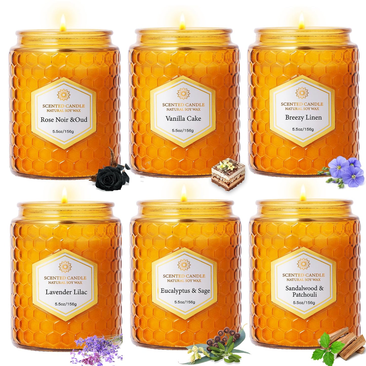 6 Pack Natural Soy Wax Jar Candles for Home Scented, Aromatherapy Gifts Sets for Women, 33 oz 240 Hour Long Lasting Candles Gifts for Birthday | Valentine's Day | Amber Candles|