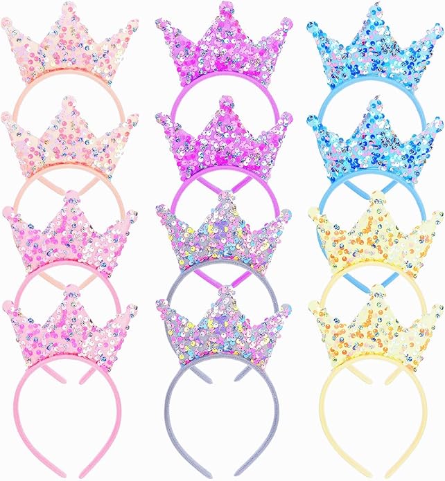 Acshio 12 Pack Princess Crown Headband, Glitter Sequin Crown Headband, Shiny Tiaras and Crowns Hair Accessories for Birthd...