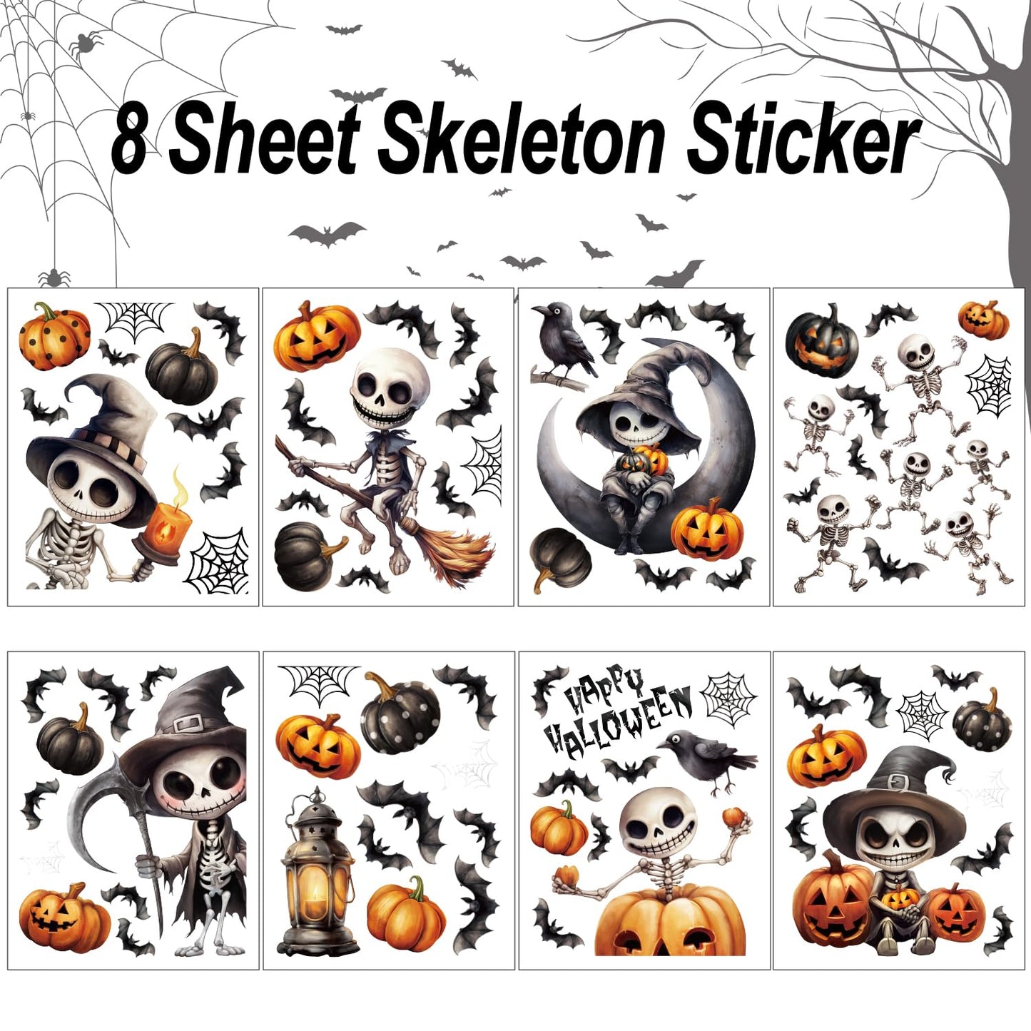 CCINEE 8 Sheet Spooky Skeleton Halloween Window Clings Sticker, Double Sided Skeleton Bat Pumpkin Gel Window Clings for Halloween Party Glass Decals Indoor Mirror Wall Decoration