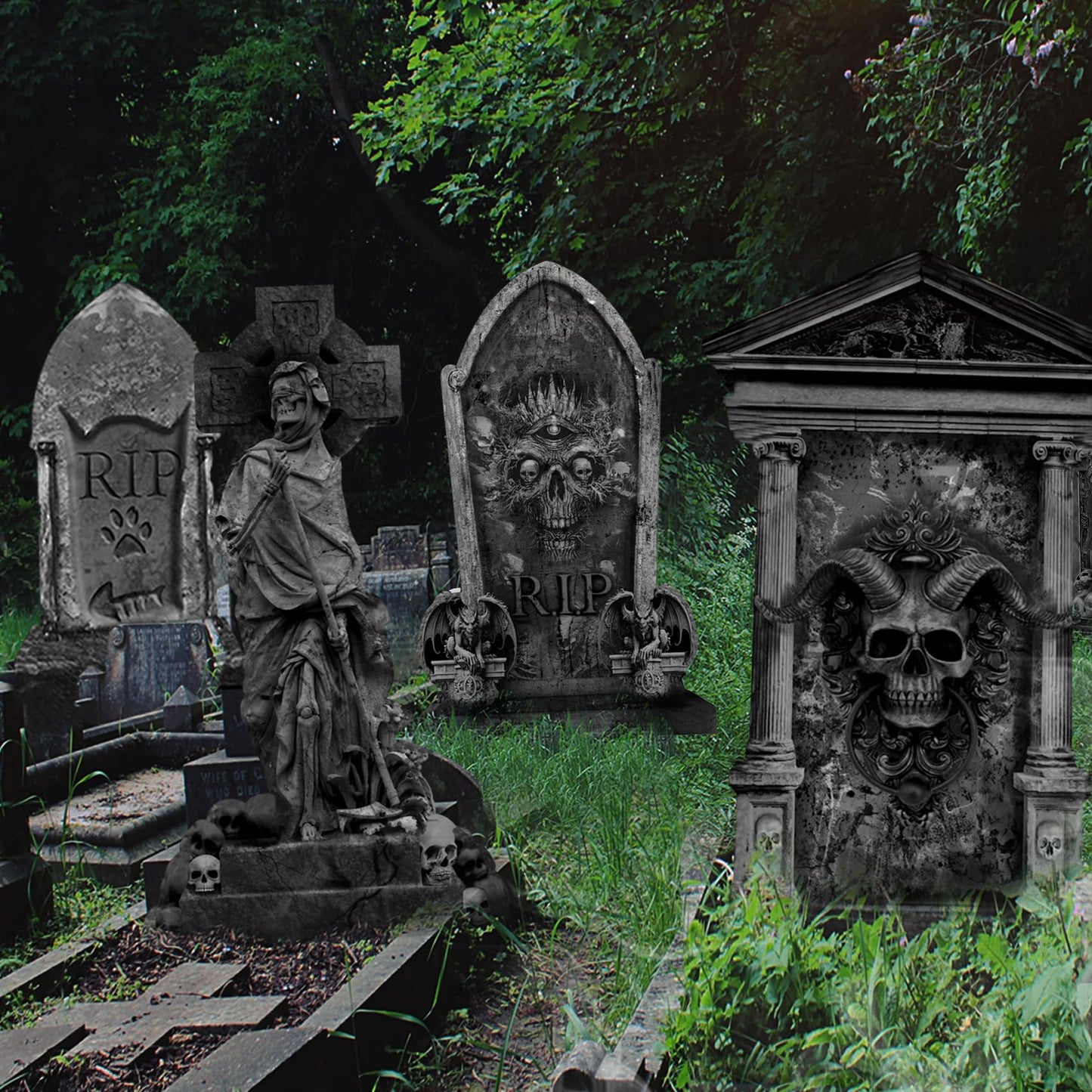 ontigola 26 Inch Halloween Graveyard Tombstones Yard Stakes Signs Large 6 Styles Outdoor Headstones for Cemetery Halloween RIP Graveyard Tombstones Outdoor Props Yard Decorations with Metal Stakes