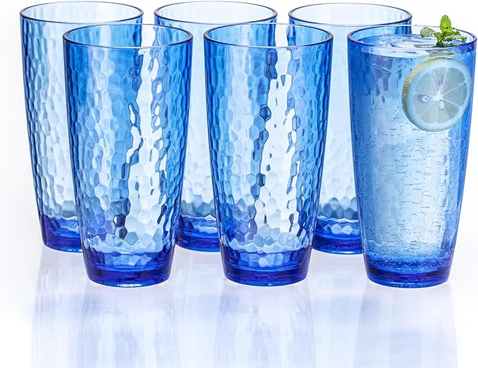 MIYOPESI 26oz Blue Acrylic Glasses Drinkware (Set of 6), Hammered Design Shatter-Proof Plastic Cups, Reusable Plastic Larg...