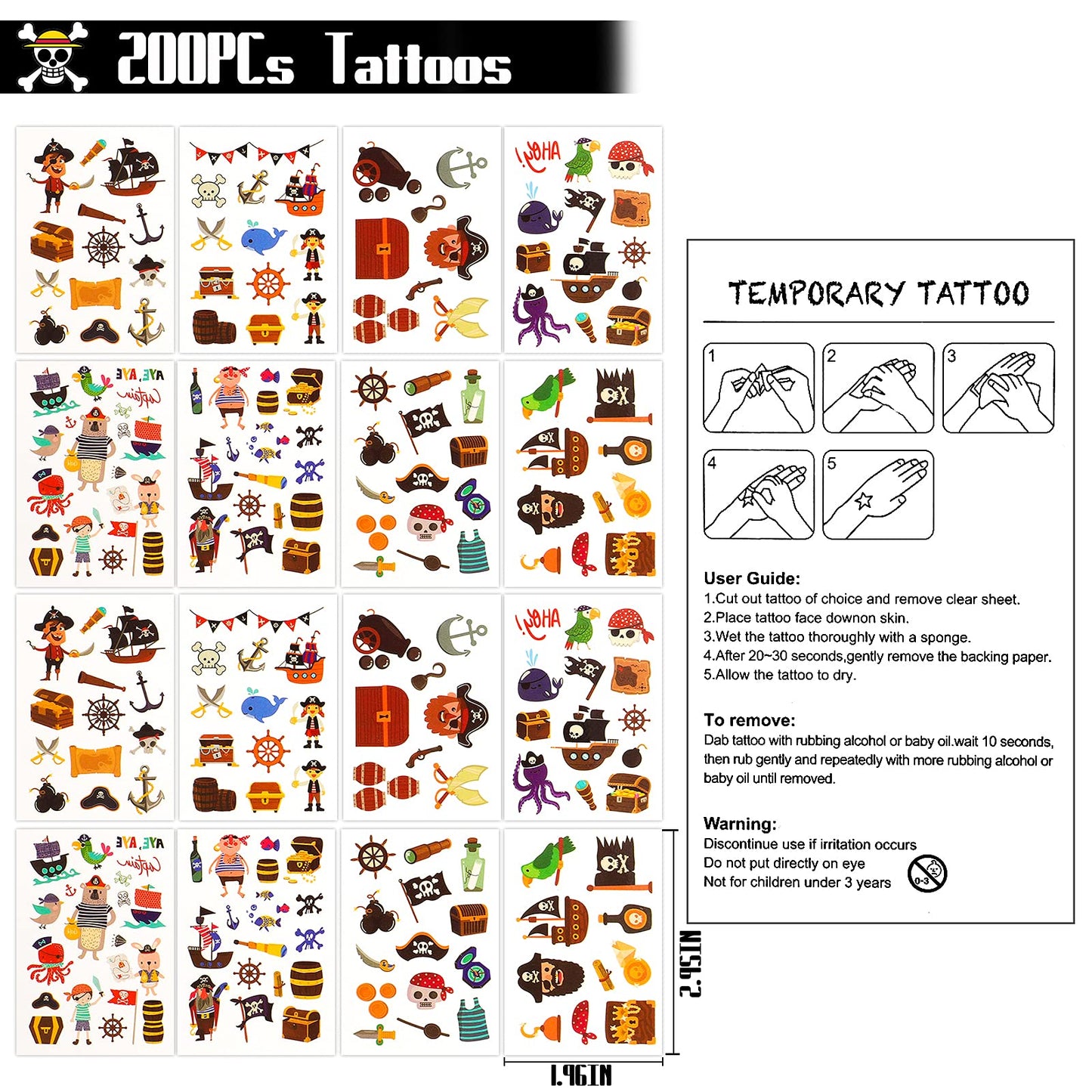 CHRIMISS Pirate Party Favors - 96PCS Supplies with Gold Coins, Gems, Keychains, Bracelets, Eye Patches & Mustache Tattoos for Birthday Party Goodie Bags