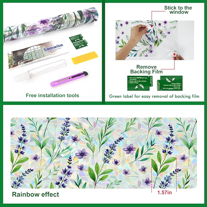 Window Privacy Film Home Room Bathroom Spring Decor Car Decorations One Way Privacy Window Clings Decals Tint Door Cover Rainbow Renter Friendly Stickers Static Cling Stained Glass Windows